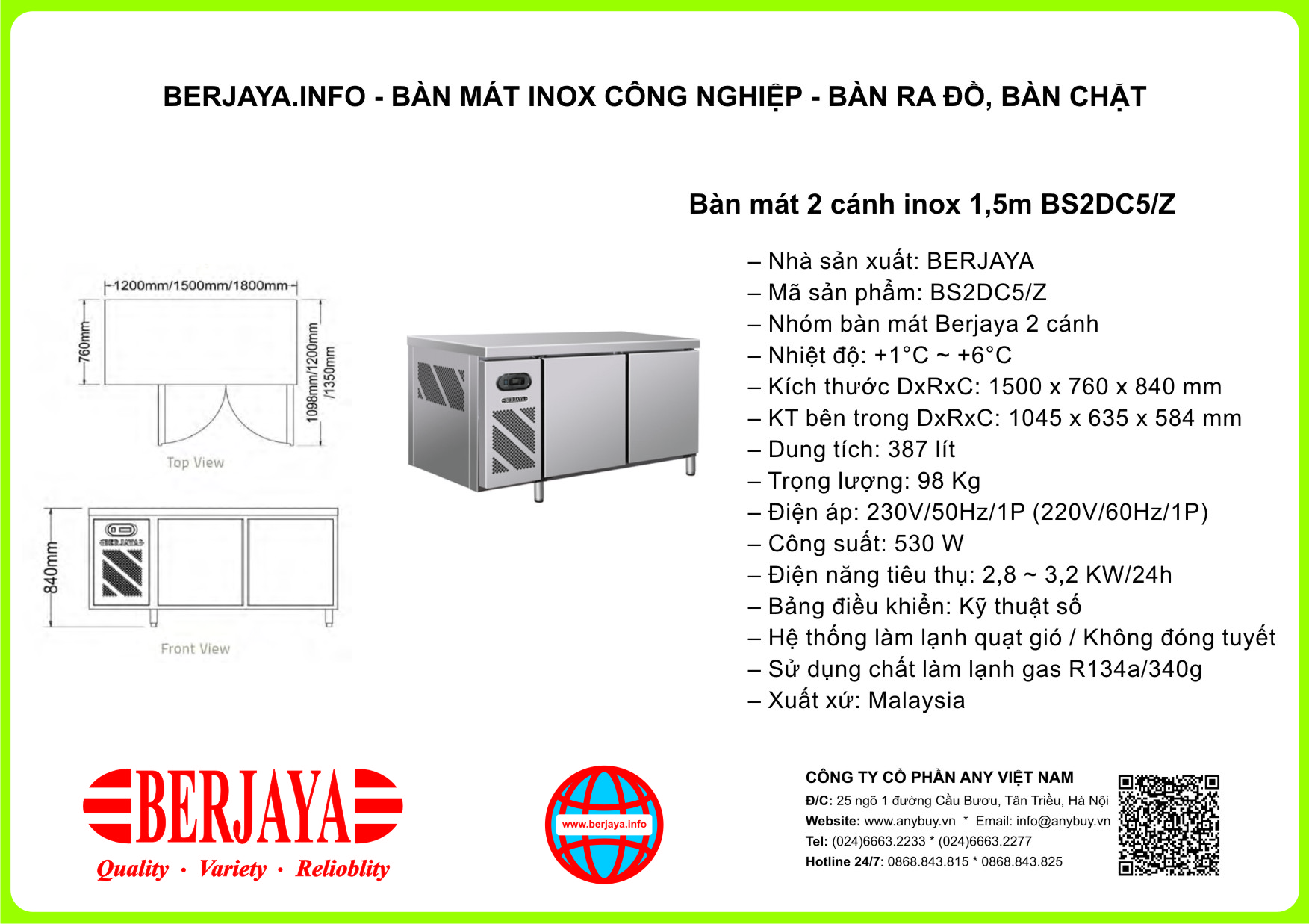 Bàn mát Berjaya 2 cánh inox 1,5m BS2DC5/Z